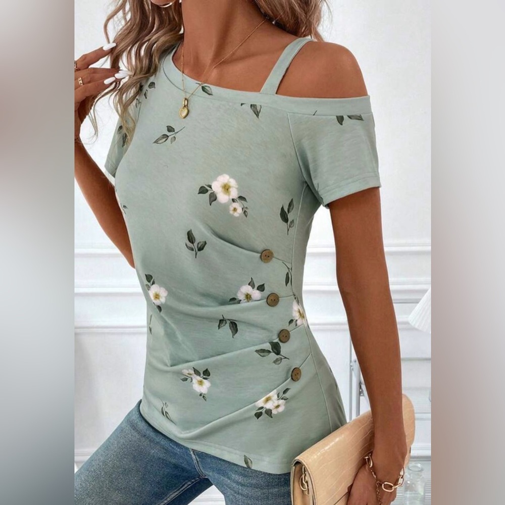 Seafoam Green Floral Top SHEIN Asymmetrical Feminine Fairycore Cottagecore M